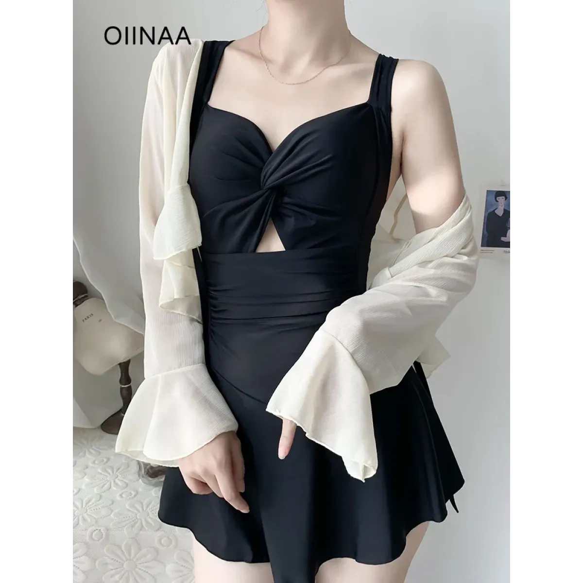 Pleated Cutout Swimsuit Dress – Korean Sexy Summer 2025 Swimwear - - Swimwear