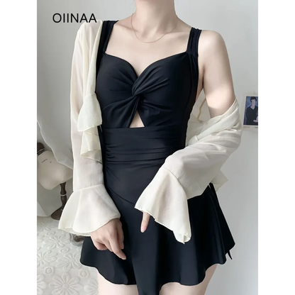 Pleated Cutout Swimsuit Dress – Korean Sexy Summer 2025 Swimwear - - Swimwear