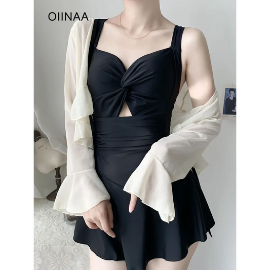 Pleated Cutout Swimsuit Dress – Korean Sexy Summer 2025 Swimwear - - Swimwear