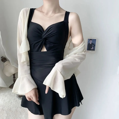 Pleated Cutout Swimsuit Dress – Korean Sexy Summer 2025 Swimwear - Black - Swimwear