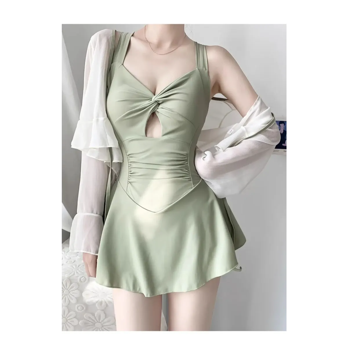 Pleated Cutout Swimsuit Dress – Korean Sexy Summer 2025 Swimwear - - Swimwear