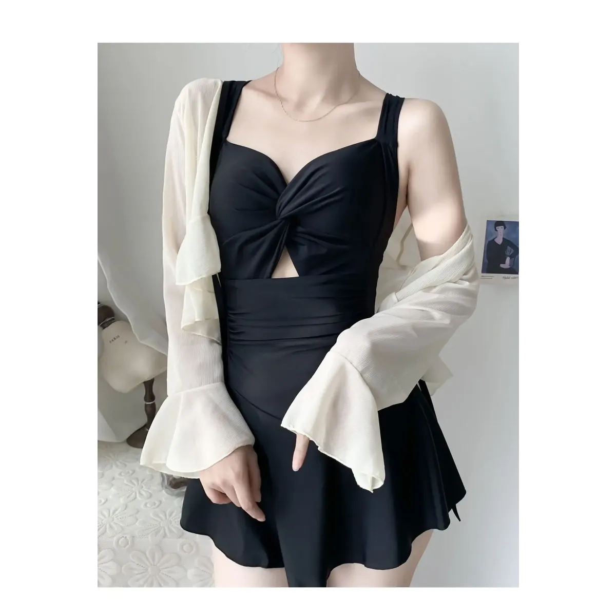 Pleated Cutout Swimsuit Dress – Korean Sexy Summer 2025 Swimwear - - Swimwear