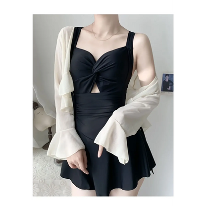 Pleated Cutout Swimsuit Dress – Korean Sexy Summer 2025 Swimwear - - Swimwear