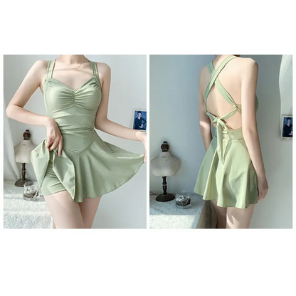 Pleated Cutout Swimsuit Dress – Korean Sexy Summer 2025 Swimwear - - Swimwear
