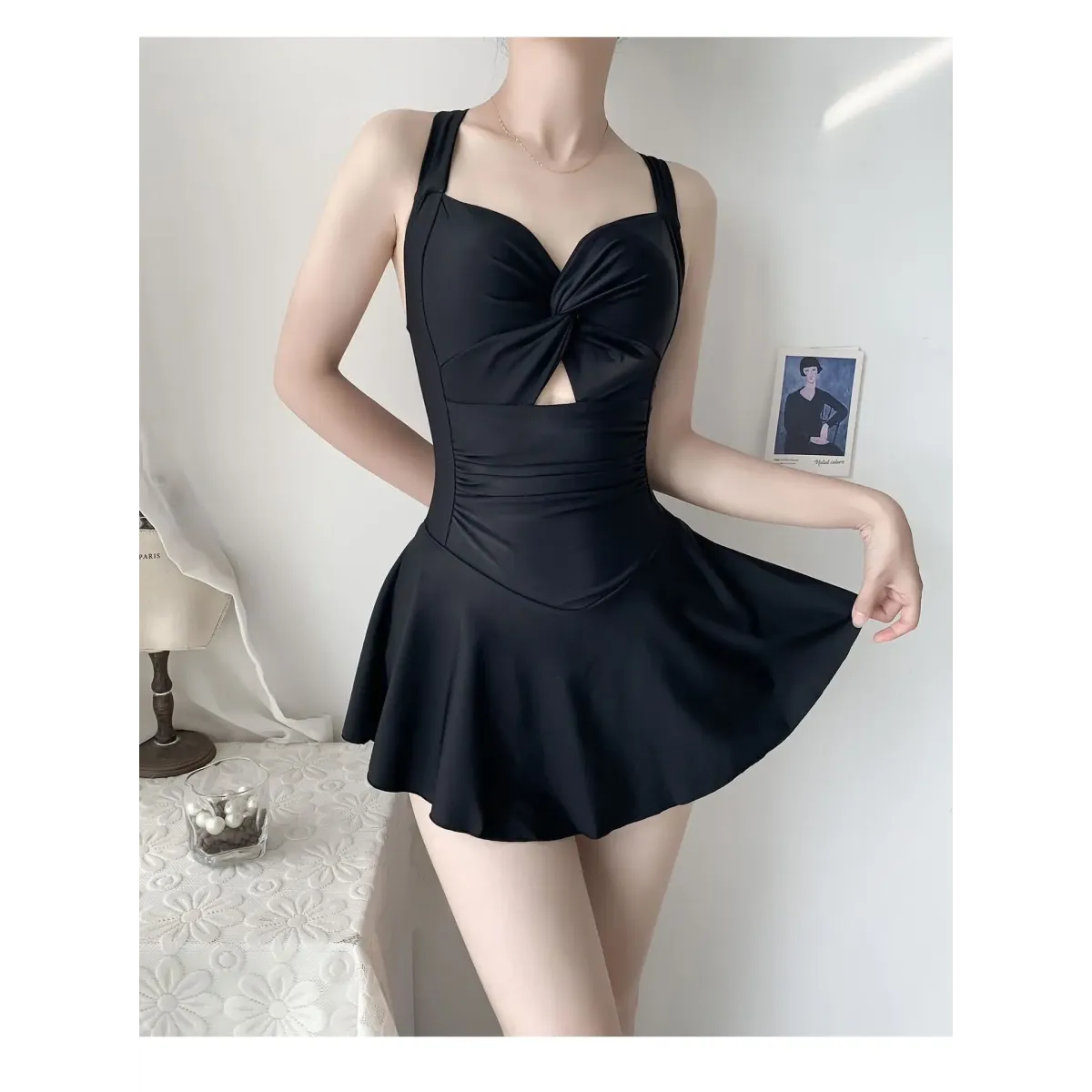 Pleated Cutout Swimsuit Dress – Korean Sexy Summer 2025 Swimwear - - Swimwear
