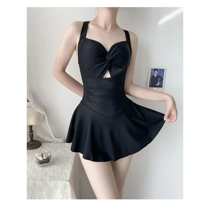 Pleated Cutout Swimsuit Dress – Korean Sexy Summer 2025 Swimwear - - Swimwear
