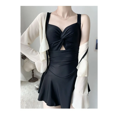 Pleated Cutout Swimsuit Dress – Korean Sexy Summer 2025 Swimwear - - Swimwear
