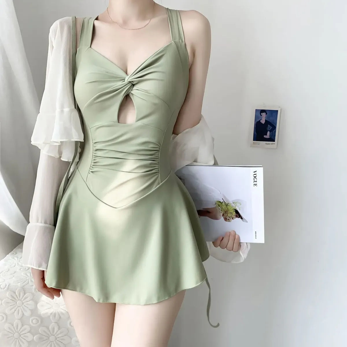 Pleated Cutout Swimsuit Dress – Korean Sexy Summer 2025 Swimwear - Green - Swimwear