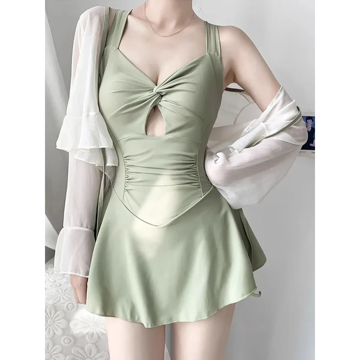 Pleated Cutout Swimsuit Dress – Korean Sexy Summer 2025 Swimwear - - Swimwear