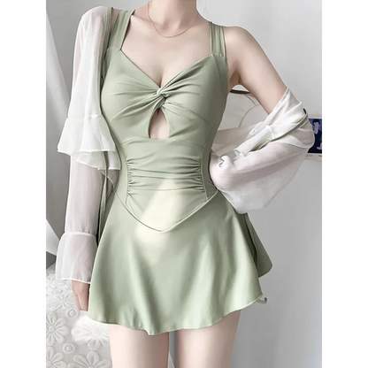 Pleated Cutout Swimsuit Dress – Korean Sexy Summer 2025 Swimwear - - Swimwear