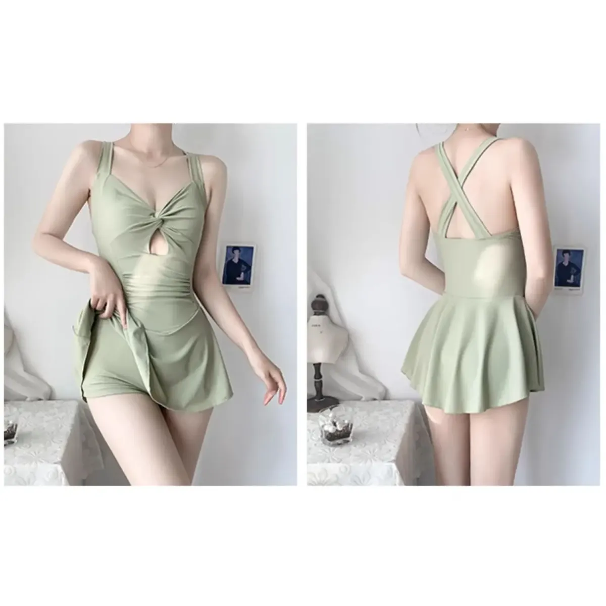 Pleated Cutout Swimsuit Dress – Korean Sexy Summer 2025 Swimwear - - Swimwear