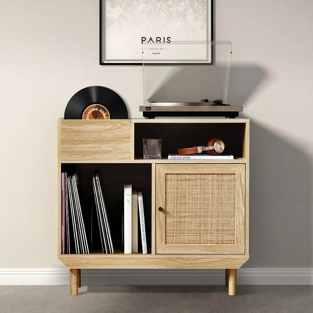 Vintage Record Player Stand Vinyl Record Storage Table Turntable Stand Record Player Cabinet with Storage Vinyl Record Player Stand with Rattan Door Printer Stand with Open Storage Shelves-Natural Kia Day Design
