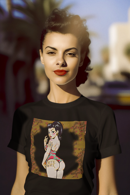 Bite Me Pin Up Slim Fit Graphic Tee - Solid Black - Slim Fit Graphic Tee