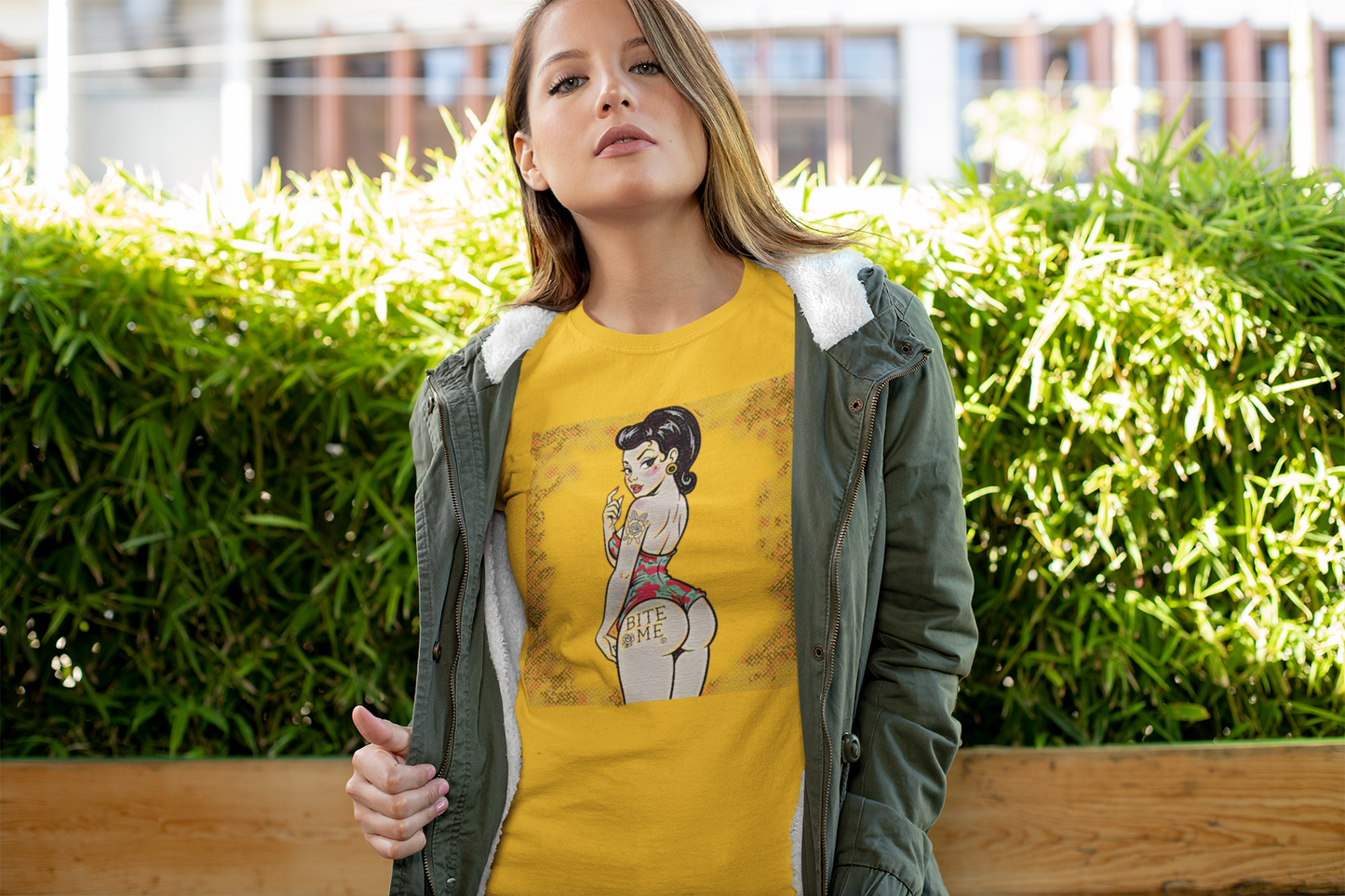 Bite Me Pin Up Slim Fit Graphic Tee - Solid Gold - Slim Fit Graphic Tee