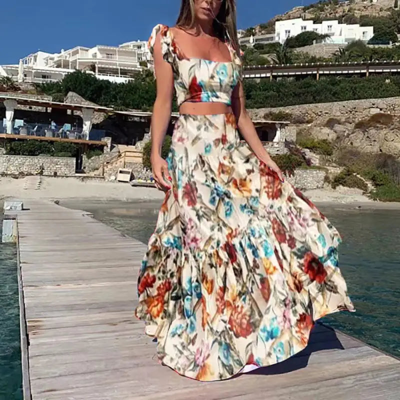 Floral Sleeveless Dress Two-Piece Set - - dress