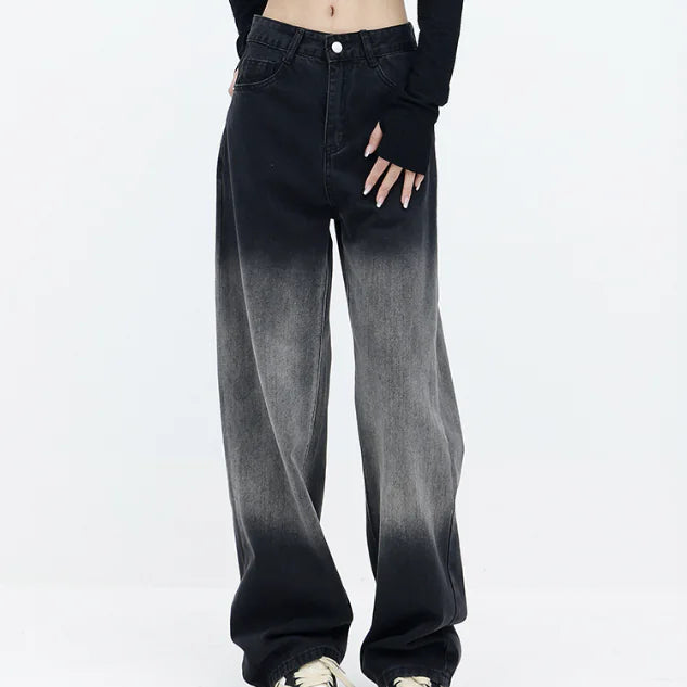 High Waist Black Washed Gradient Straight Leg Jeans - Kia Day Design