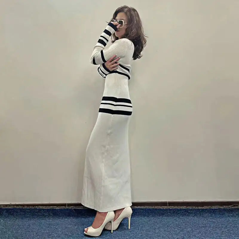 Slim-Fit Striped Woolen Knitted Dress Kia Day Design