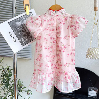 Summer Pearl Crystal Button Qipao Dress for Girls - Kia Day Design