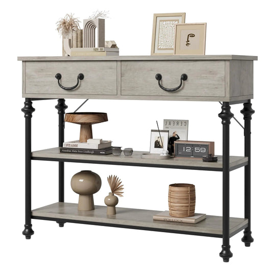 IDEALHOUSE Small Entryway Table with 2 Drawers Narrow Console Table with Storage Shelves for Living Room Console Tables for Entryway Hallway Table Sofa Table Rustic Grey Kia Day Design