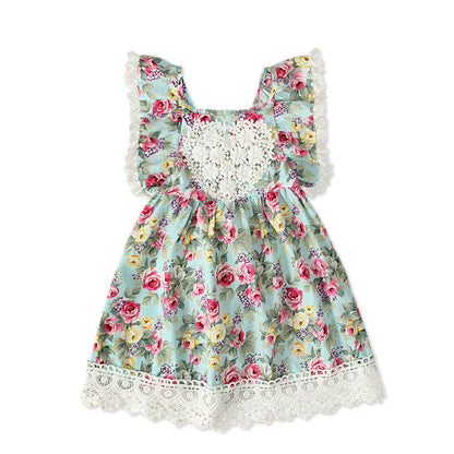 Girls Summer Off-Shoulder Floral Lace Dress - Green 90 Yards - dress