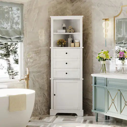 White Triangular Tall Cabinet With 3 Drawers and Adjustable Shelves - Kia Day Design