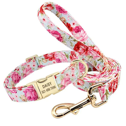 Printed Dog Collar and Leash Set Pink Set Small