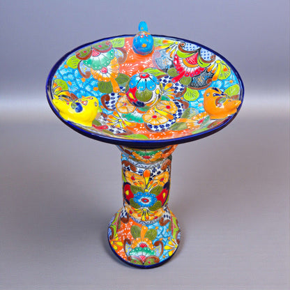Talavera Bird Bath with Center Ball Colorful Mexican Garden Art - Blue - Talavera Bird Bath