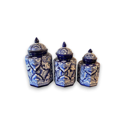 Talavera Blue & White Canister Set Mexican Handmade Pottery - - Talavera Canister Set