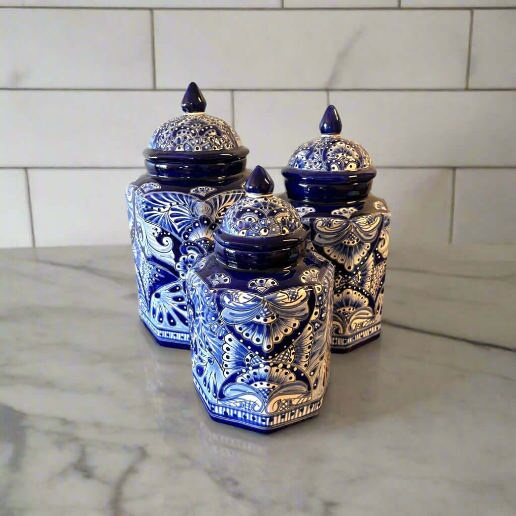 Talavera Blue & White Canister Set Mexican Handmade Pottery - - Talavera Canister Set