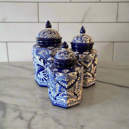 Talavera Blue & White Canister Set Mexican Handmade Pottery - - Talavera Canister Set