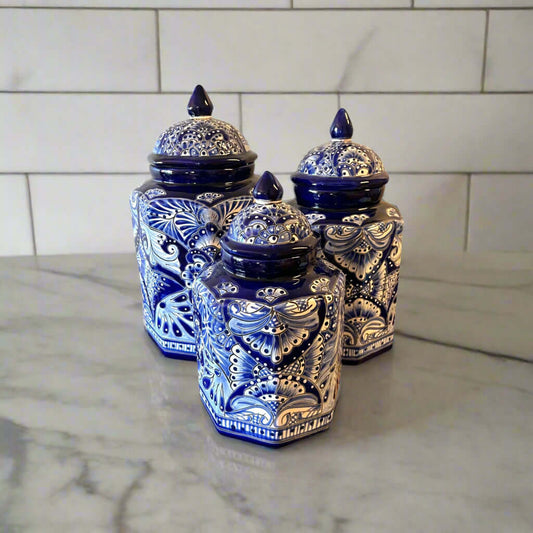 Talavera Blue & White Canister Set Mexican Handmade Pottery - - Talavera Canister Set