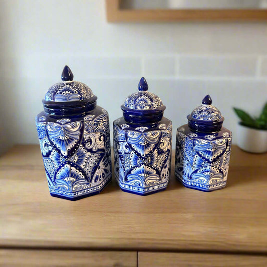 Talavera Blue & White Canister Set Mexican Handmade Pottery - - Talavera Canister Set