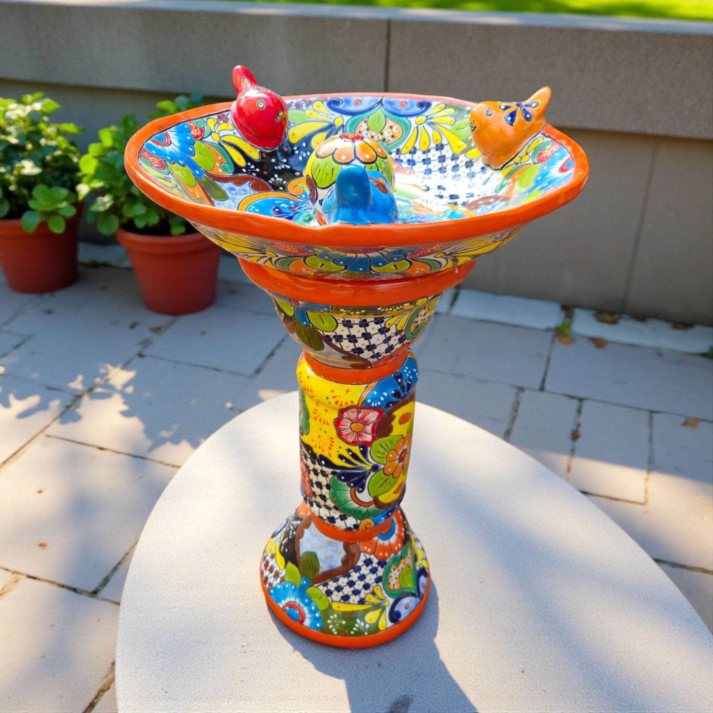 Talavera Bird Bath with Center Ball Colorful Mexican Garden Art - Orange - Talavera Bird Bath