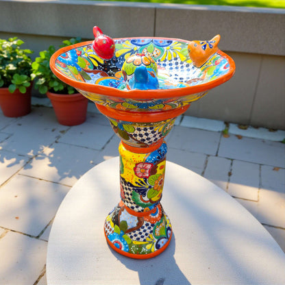 Talavera Bird Bath with Center Ball Colorful Mexican Garden Art - Orange - Talavera Bird Bath