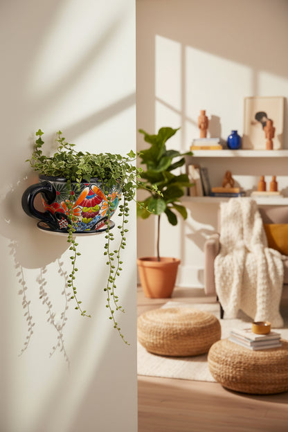 Talavera Coffee Cup Planter Hand-Painted Mexican Wall Pot - - Talavera Planter