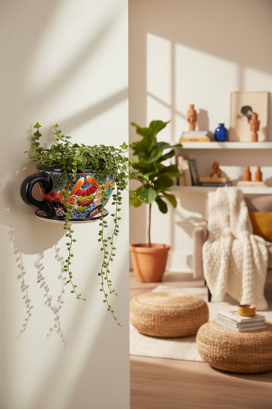 Talavera Coffee Cup Planter Hand-Painted Mexican Wall Pot - - Talavera Planter