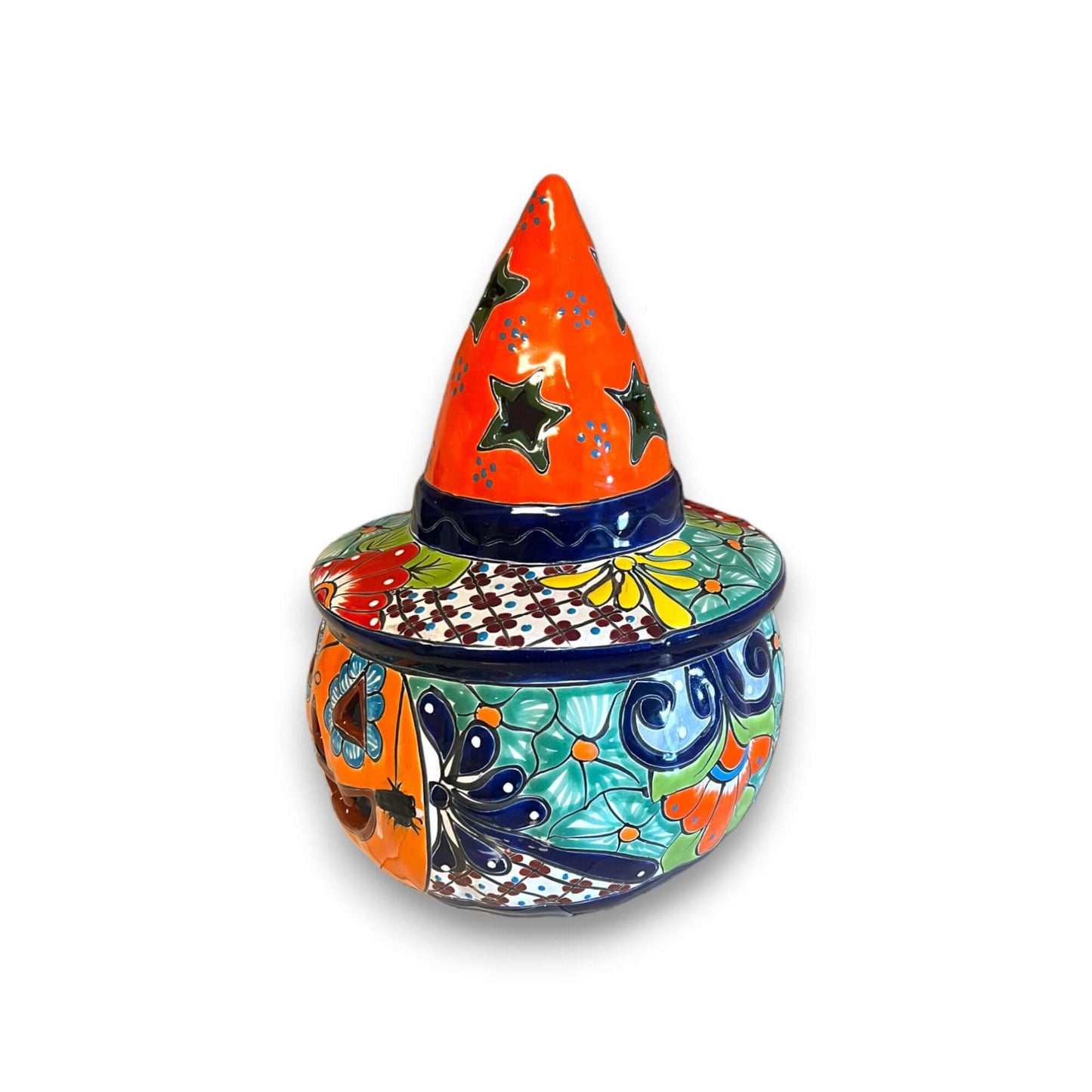 Talavera Jack-o'-Lantern Mexican Pumpkin with Witches Hat - - Talavera Statue