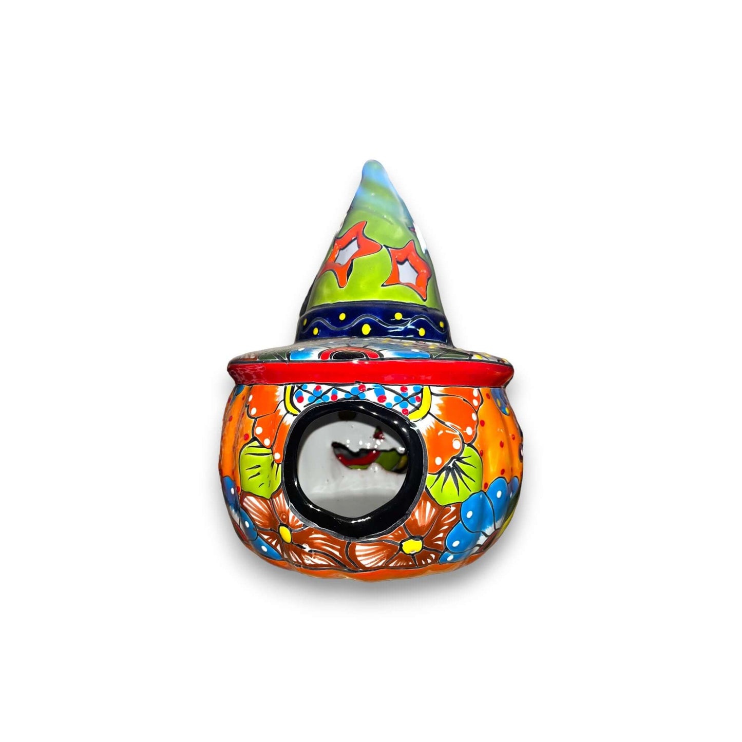 Talavera Jack-o'-Lantern Mexican Pumpkin with Witches Hat - - Talavera Statue