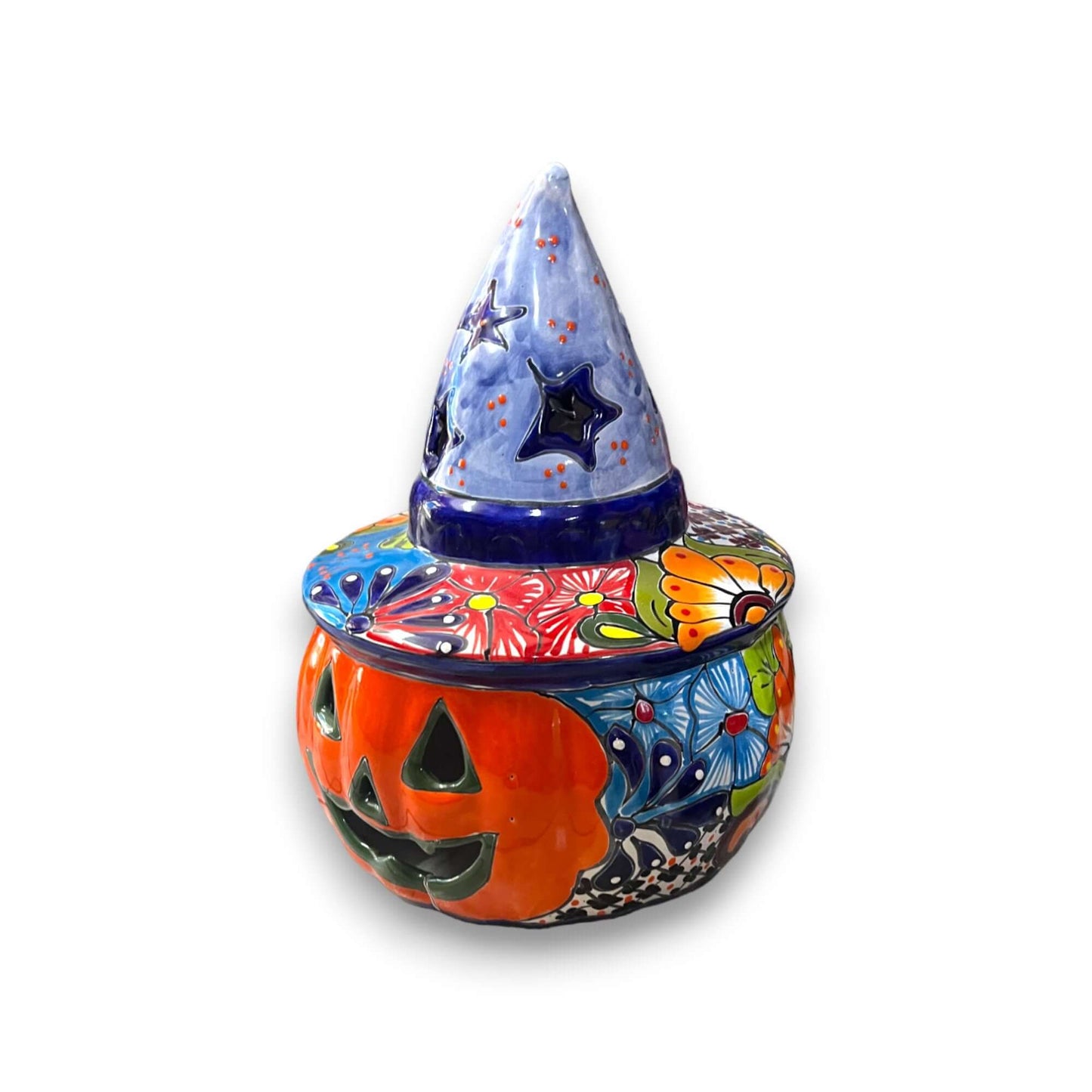 Talavera Jack-o'-Lantern Mexican Pumpkin with Witches Hat - - Talavera Statue