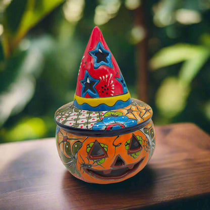 Talavera Jack-o'-Lantern Mexican Pumpkin with Witches Hat - - Talavera Statue