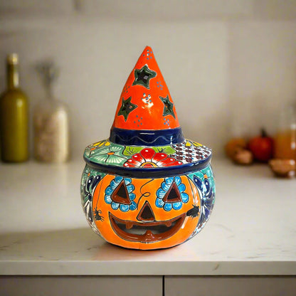 Talavera Jack-o'-Lantern Mexican Pumpkin with Witches Hat - - Talavera Statue