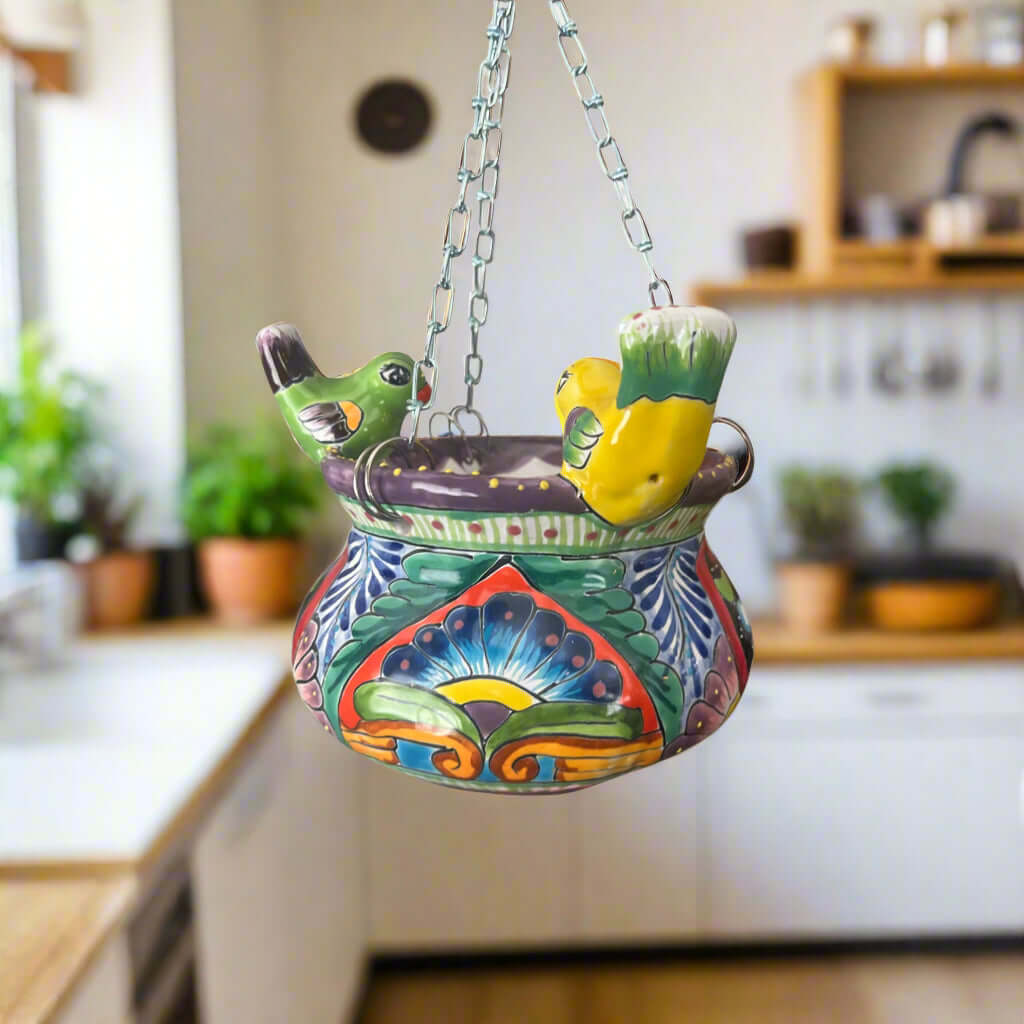 Small Talavera Hanging Planter with Birds | Handmade Ceramic Pot- The Talavera Hub- {{Product type}}