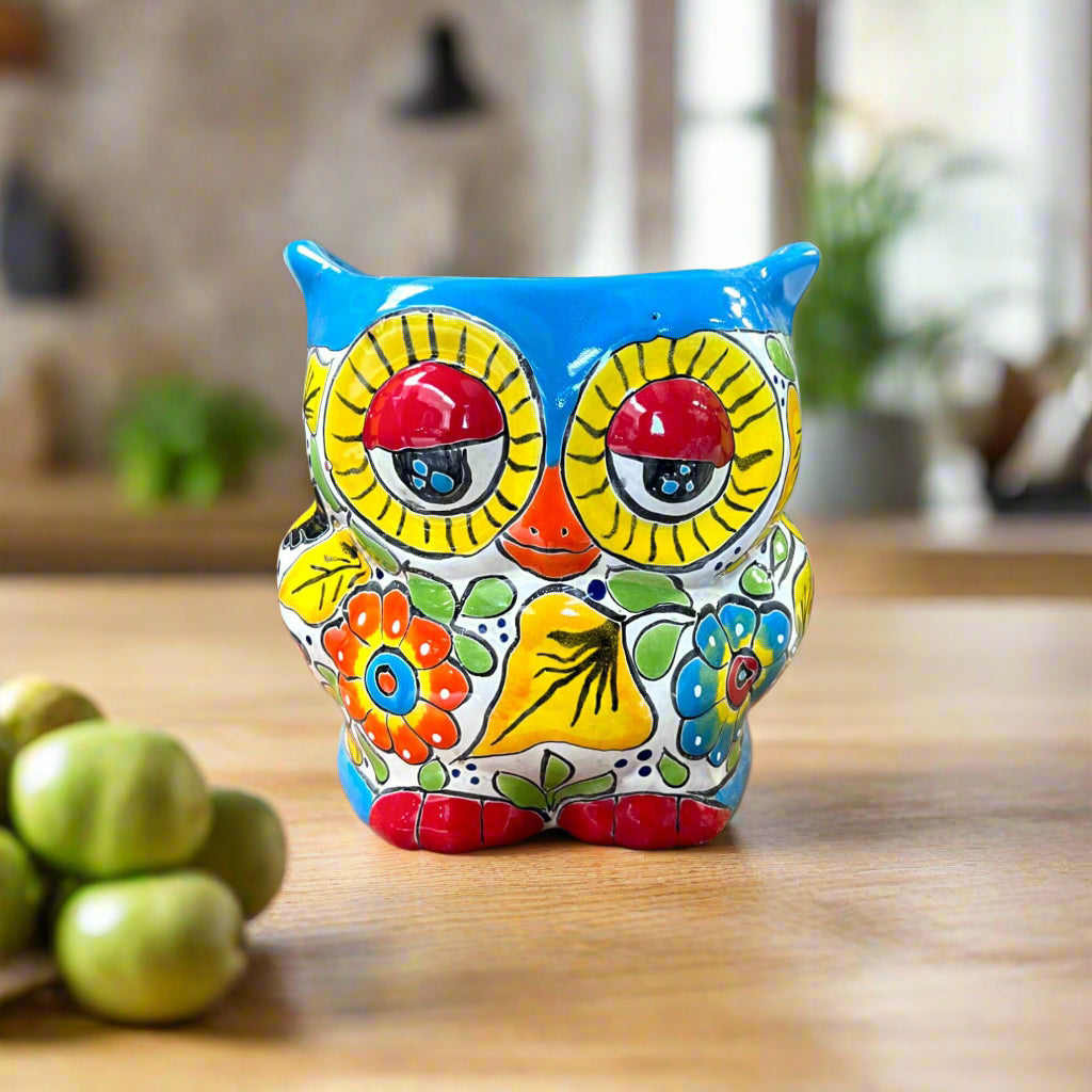 Talavera Owl Planter Colorful Hand-Painted Mexican Pottery - - Talavera Planter
