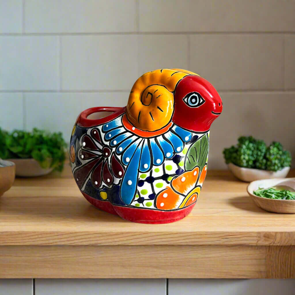 Talavera Ram Planter Colorful Mexican Sheep Ceramic Pot - - Talavera Planter