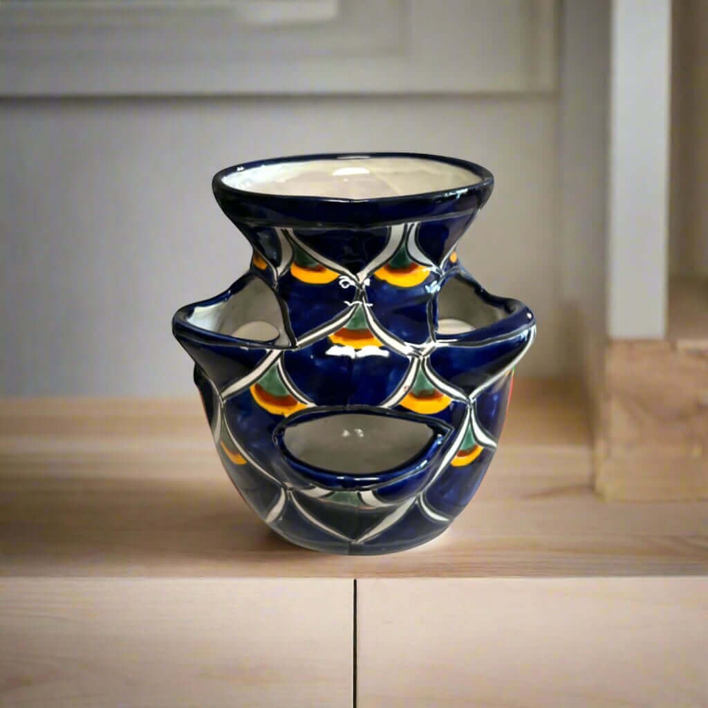 Talavera Strawberry Planter Blue Peacock Design - - Talavera Planter