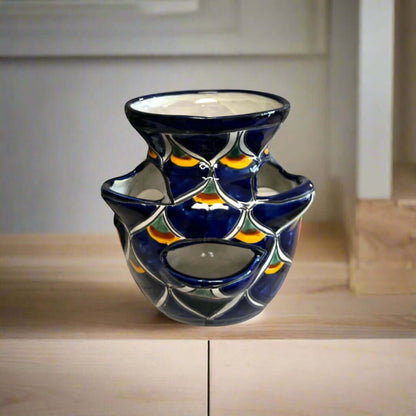 Talavera Strawberry Planter Blue Peacock Design - - Talavera Planter