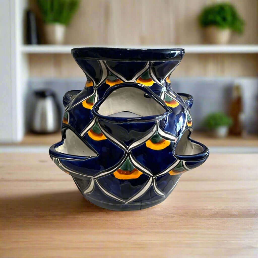 Talavera Strawberry Planter Blue Peacock Design - - Talavera Planter