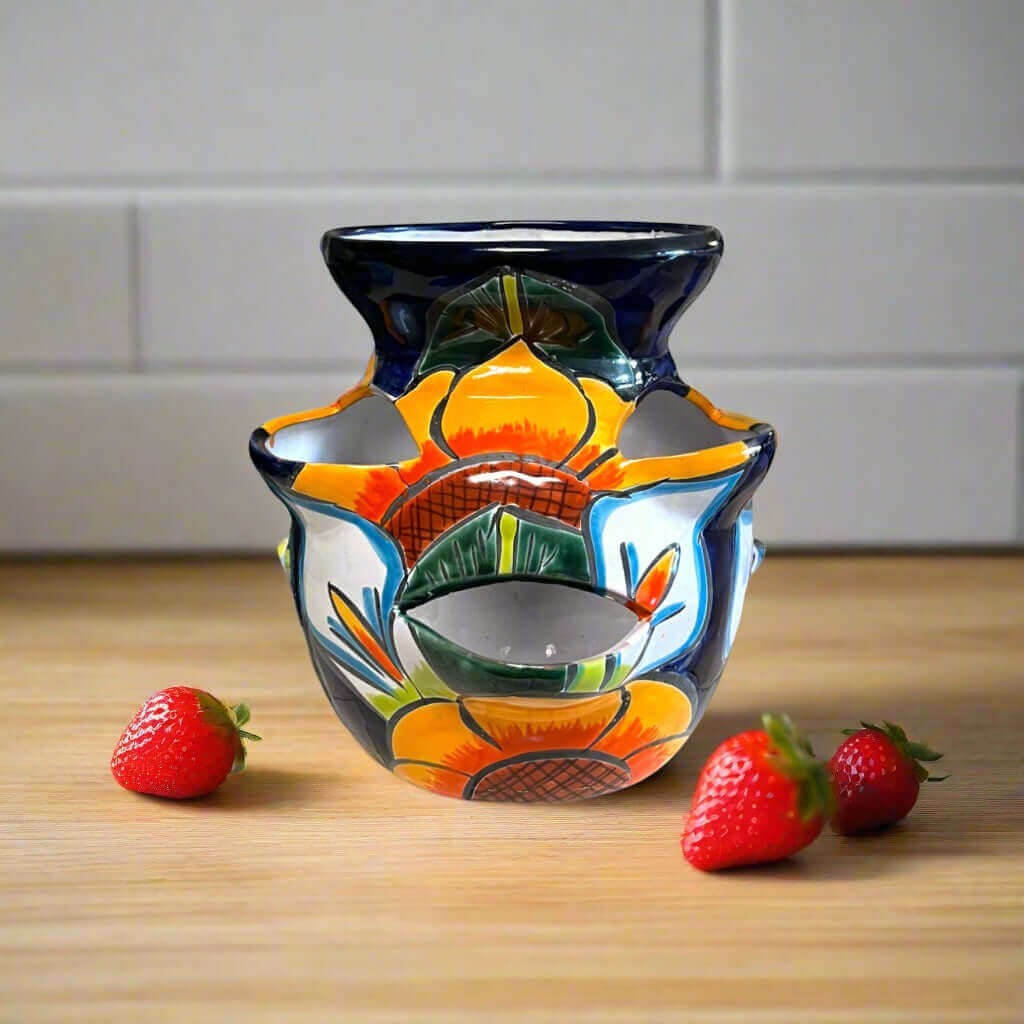 Talavera Strawberry Planter Sunflower Lily Design - - Talavera Planter