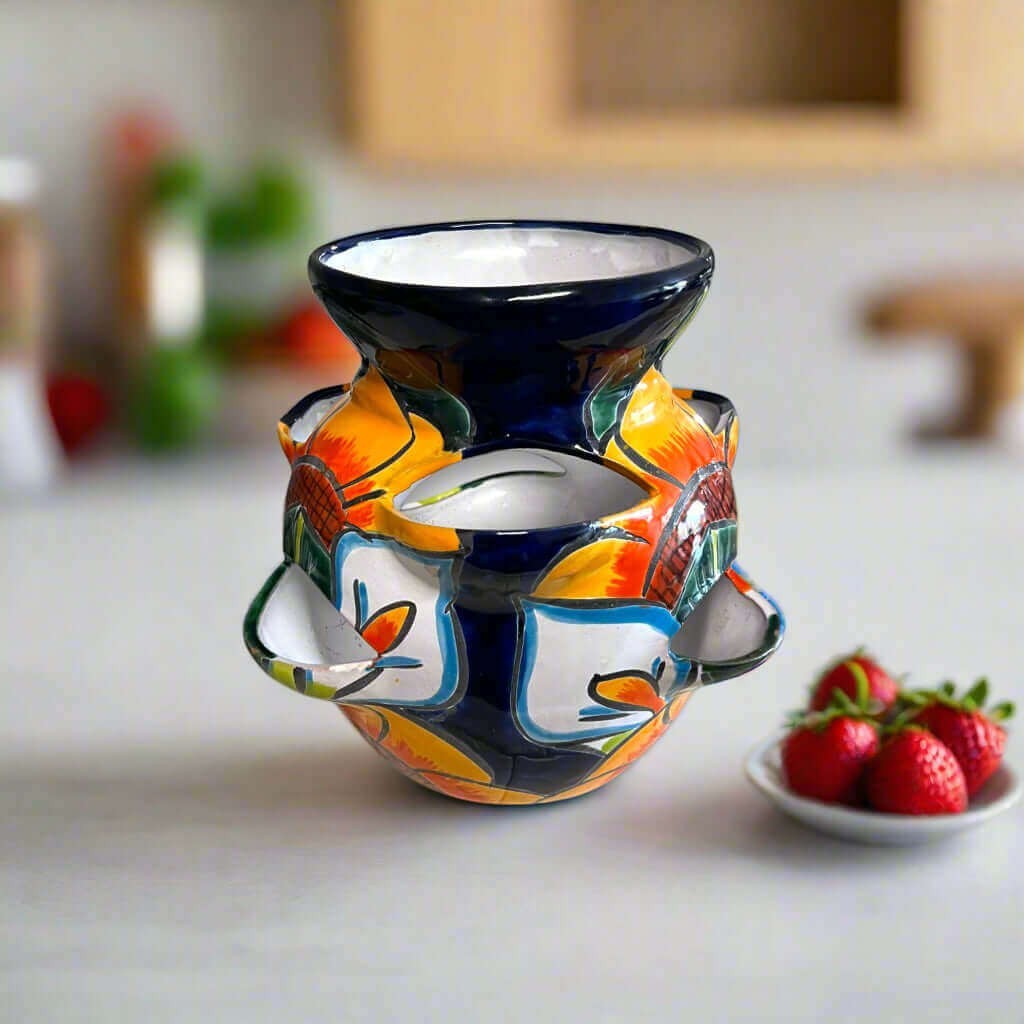 Talavera Strawberry Planter Sunflower Lily Design - - Talavera Planter