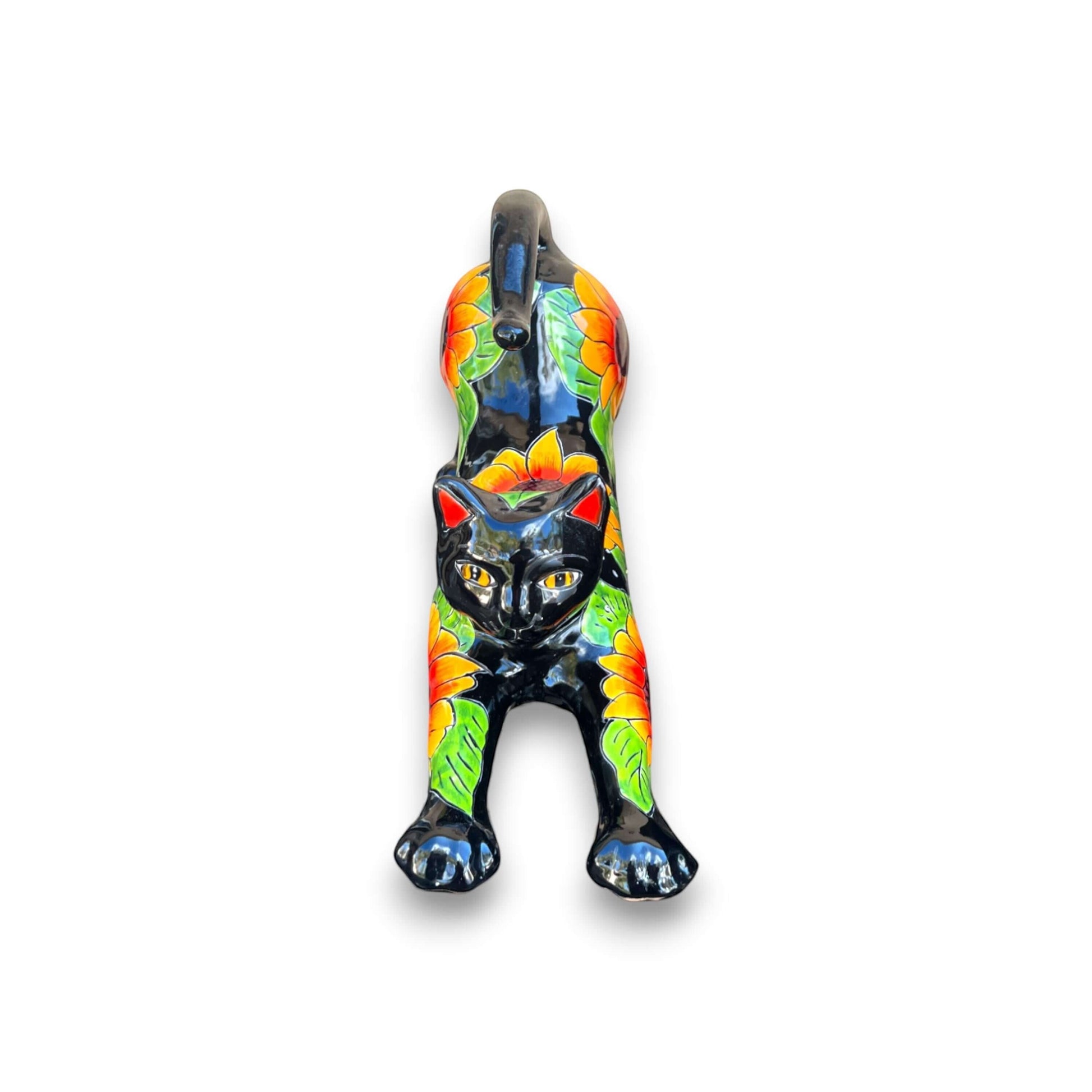 Talavera Stretching Cat Statue Hand-Painted Sunflower Design - - Talavera Statue